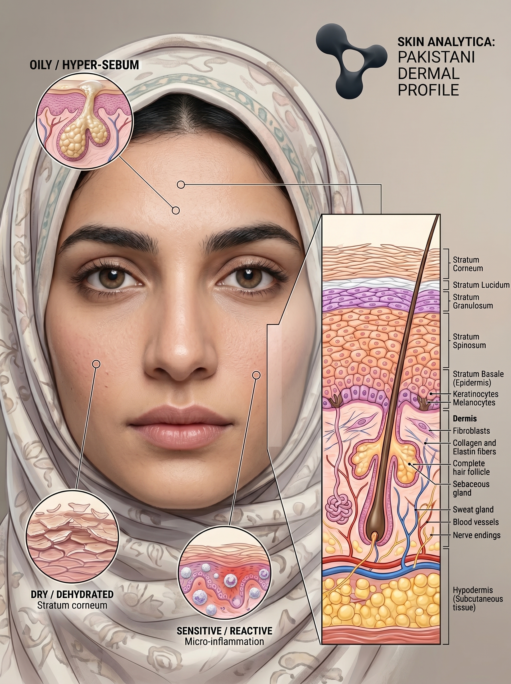 Facial skin anatomy and skin types illustration